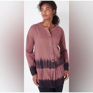 J. Jill Pure Jill Top Womens S Purple Button Up Gauze Tunic Shirt Tie Dye Cotton